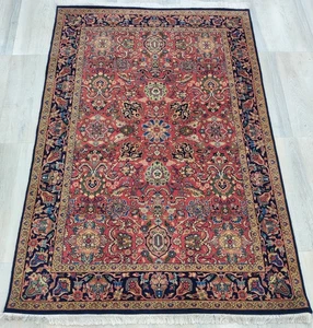 Vintage Hand Knotted Rug 4 x 6 Oriental Bijar 100% Wool Handmade Rust/Blue - Picture 1 of 24