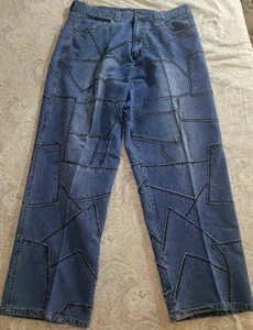 Noiz Boiz Vintage Y2K Mens Size 36 x 30 Blue Patchwork Fringed Baggy Loose Jeans - Picture 1 of 7