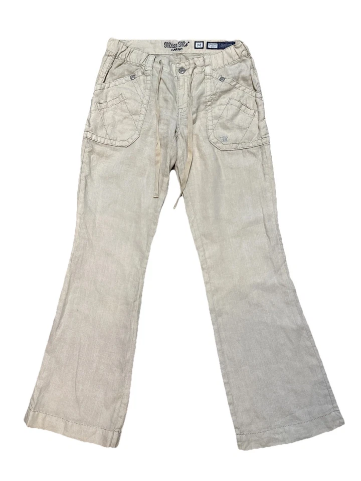 Pantalones cargo Miss Me de lino pierna ancha talla mediana beige bolsillos con cordón Foto 1 de 4