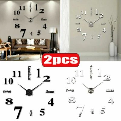 2Pcs Modern DIY 3D Large Wall Clock Mirror Surface Sticker Art Design Home Decor - Image 1 of 4