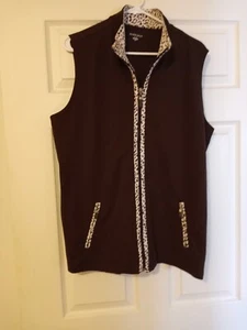 Allison Daley Women's Size L Brown Sleeveless Vest With Animal Print Trim - Picture 1 of 6