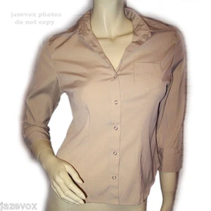 SHE'S COOL Womens Snap-Button Up Shirt Stretch Top 3/4 Sleeve Collar Small Beige - Picture 1 of 7