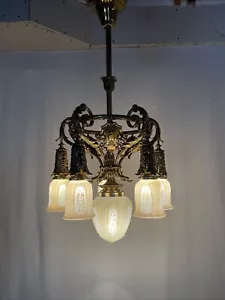 RESTORED Antique Vtg Arts & Crafts Deco LARGE Chandelier 5 Arm Brass Victorian - Picture 1 of 24