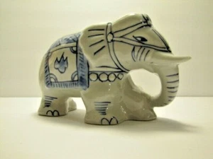 Glazed Ceramic Elephant Figurine, Asian Inspired w Yin/Yang, Trunk Downward - Picture 1 of 6