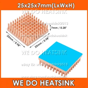 Dissipateur thermique en cuivre 25 x 25 x 7 mm avec ou sans ruban adhésif pour puces DEL électroniques CPU - Photo 1/14