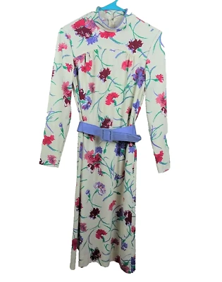 Vtg 70's Leslie Fay Original Floral Dress Cream Burgundy Lavender Polyester Knit - Image 1 of 4