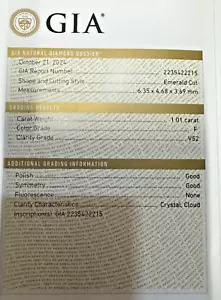 GIA Certified Emerald Brilliant 1.01 CT F VS2 Loose Natural Earth Mined Diamond - Picture 1 of 6