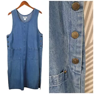 Vintage Overall Dress Medium Petite Blue Denim Jean Pocket Slit Alt Modest - Picture 1 of 9
