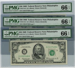 Fr. 2114-C $50 1969 Federal Reserve Note 3 Consecutive 66 EPQ PMG DC-2591 - Picture 1 of 3