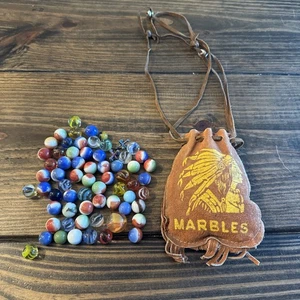 Vintage Suede Leather Marbles Pouch Bag Indian Chief Print Drawstring w/ Marbles - Picture 1 of 7