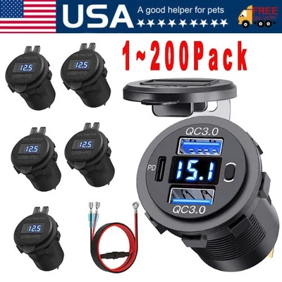 12V-24V PD+QC3.0 Dual USB Car Fast Charger Power Socket Outlet LED Voltmeter Lot - Image 1 of 4
