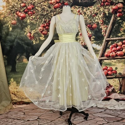 Vintage 1950s Dress Spaghetti Straps Yellow Tulle Taffeta Bow Floral Embroidery  - Image 1 of 4