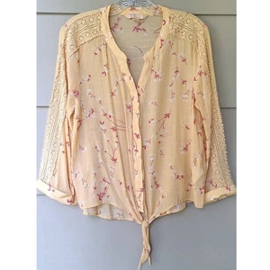 Hope & Harlow Bluse Top vorne zum Binden Häkeldetails gelb geblümt Gr. M Landhaus - Bild 1 von 8