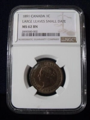 1891 CANADIAN LARGE CENT, LARGE LEAVES, SMALL DATE NGC MS 62 BN SCARCE THIS NICE - Image 1 of 4
