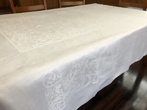 Vintage Filigree & Rose Floral White Damask 70x84" Tablecloth - READ (RF957-7) - Picture 1 of 12