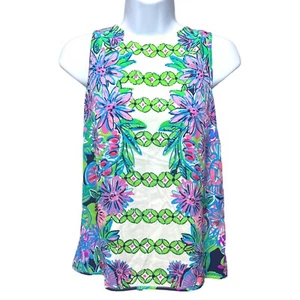Lilly Pulitzer XS Iona Sleeveless Silk Top Gold Button Back Purple White Green - Picture 1 of 8