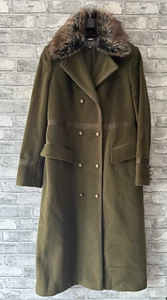 Vintage Laura Ashley Military Coat UK 14 Long Khaki Green Fur Trim Winter Wool - Picture 1 of 11