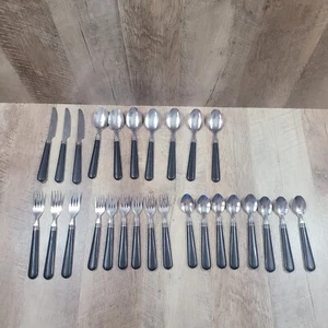 Plastic Black Handled Flatware Set Of 27 Stainless China Fork - Knife - Spoon - Picture 1 of 9