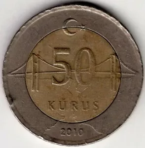 2010 TURKEY FIFTY 50 KURUS BI METALLIC NICE WORLD COIN - Picture 1 of 2