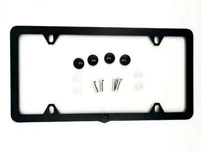 SlimLine Genesis License Plate Frame Stainless Steel Satin GLOSS BLACK Emblem - Image 1 of 4