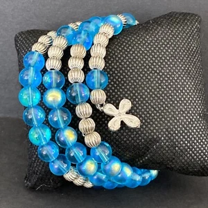Brazalete de Colección Romance Envoltura de Serpiente Cuentas Tonificadas Azul Plateado Flor Dije - Imagen 1 de 6
