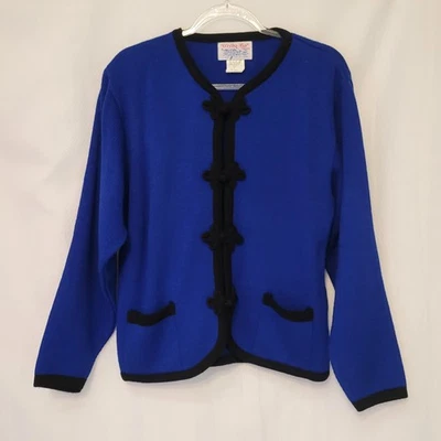 VTG Tally Ho Royal Blue Knit Cardigan Black Scroll Trim Wmn's Large 80s 90s  - Image 1 of 4