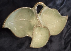 USA Pottery CAL 2424 Keramik Blatt Schale GRÜN MIT GOLDRAND MCM 17 1/2 X 11 3/4 - Bild 1 von 8
