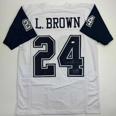 Camiseta deportiva autografiada/firmada Larry Brown Super Bowl XXX MVP Dallas blanca CR certificado de autenticidad JSA Foto 1 de 4