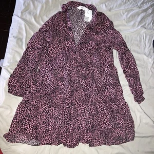 H&M Girls Size 14 (UK 11-12 Yrs) Long Blouse Dress Long Sleeve Black Pink Flower - Picture 1 of 19