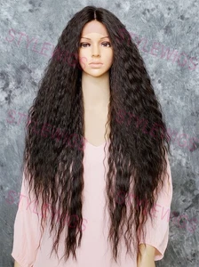 Dark Brown Extra Long Full Wavy Heat Safe Lace Front Human Hair Blend Wig EVFB - Picture 1 of 8