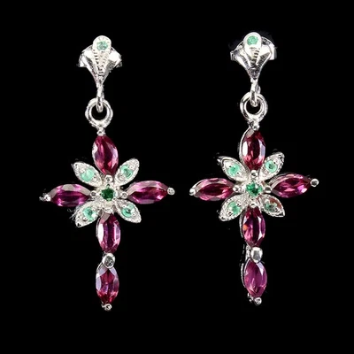 925 Sterling Silver Earrings Marquise Rhodolite Emerald Gemstone Jewelry - Image 1 of 4