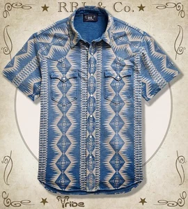 RRL Ralph Lauren Men's Indigo Short Sleeve Western Shirt Southwestern Print - Picture 1 of 4