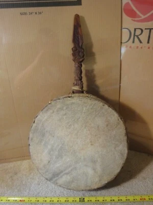 Raro! Tambor cerimonial vintage esculpido à mão, couro de animal, tibetano e nepalês. - Imagem 1 de 4