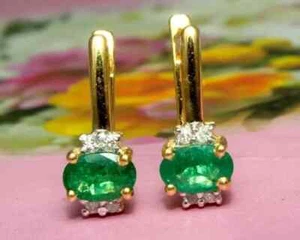3Ct Oval Lab Created Emerald Women's Stud Earrings 14K Yellow Gold Plated  - Picture 1 of 4