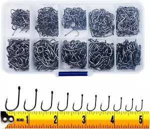 500Pcs Fish Hooks 10 Sizes Fishing Black Silver Sharpened with Box Quality Kit - Picture 1 of 12