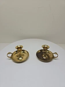 2 Brass Chamble Candle Candlestick Holder With Finger Loop Small Handmade D69 - Picture 1 of 12