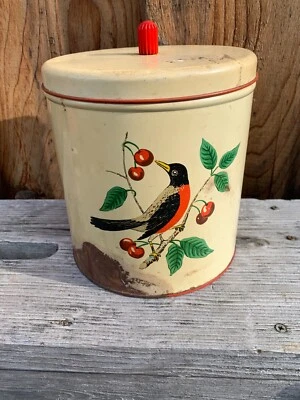Vintage Maid of Honor Metal Canister Robin with Cherries 8” Tall - Image 1 of 4