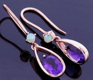 E062- Genuine 9K 9ct Solid Rose Gold Natural Amethyst & Opal Drop Earrings - Picture 1 of 2