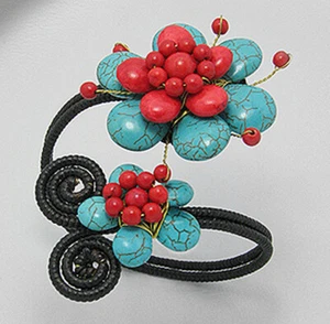 Handmade Howlite Red Coral Blue Turquoise Beaded Bangle Cuff Bracelet Adjustable - Picture 1 of 5
