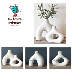 Donut Vase, Set of 2 - Minimalist Nordic, White Ceramic Hollow Donut Vase Dec... - Picture 1 of 10