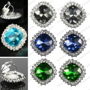 CRYSTAL CLIP ON EARRINGS cushion cut FACETED GLASS silver rhinestone SPARKLY - Picture 1 of 24