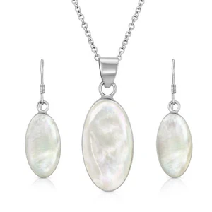 Stunning Oval White Pearl Sterling Silver Earrings Necklace Wedding Jewelry Set - Picture 1 of 5