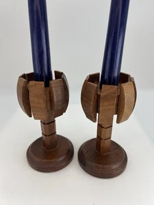 Vintage Mid Century Teak 5.5" Wood Candlesticks Pair Candle Holders MCM - Picture 1 of 13