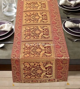 Copritavolo da pranzo indiano broccato nappa runner elefante marrone matrimonio - Foto 1 di 6