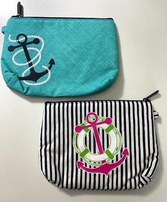 2 NEW Thirty One Mini Zipper Pouches w Anchors Stripes & Teal - Image 1 of 4