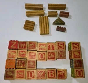 34 Piece Assorted Vintage Wooden Block Set Alphabet Logs Architecture Bricks - Picture 1 of 4