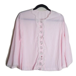 Vintage Gilead Size Large Pink Nylon Bed Jacket Embroidered Floral Lace Trim - Picture 1 of 4