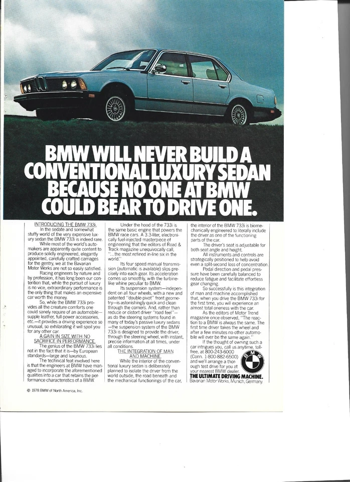 BMW 733i 1978 original anuncio impreso vintage: "BMW nunca construirá un convencional... Foto 1 de 1