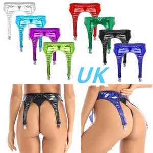 UK Womens Shiny Metallic PVC Leather Garter Belt with Metal Clips for Stockings - Picture 1 of 83