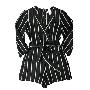 Gap Puff Sleeve Romper Womens 8 Black Gray V Neck Belted Striped Linen Blend - Picture 1 of 12